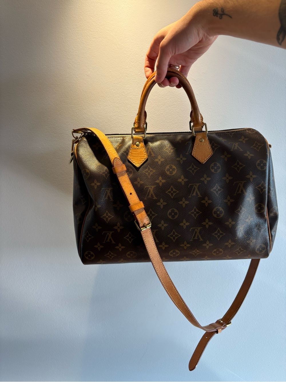 Louis Vuitton Speedy Bandoulière 35 Canvas Duffel Bag in Brown and Tan